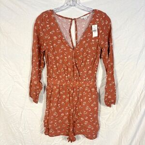 NWT American Eagle Long Sleeve Brown With Flowers Romper Shorts Pockets Size S